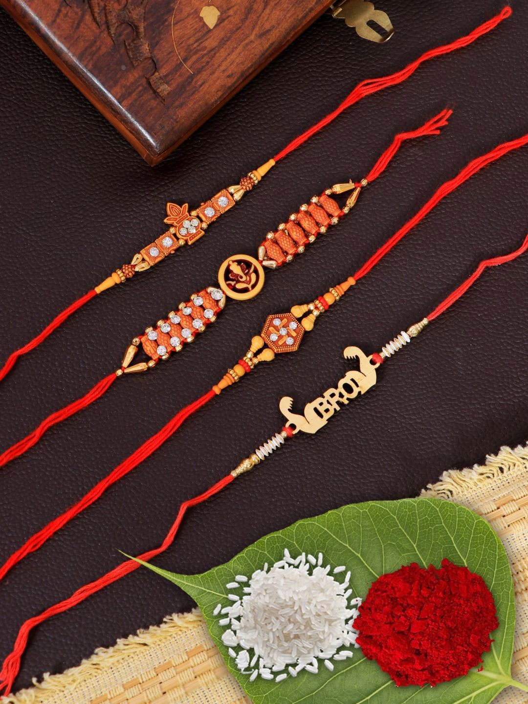 

Crunchy Fashion Set Of 4 Stone Studded 7 Beaded Thread Rakhi, Brown