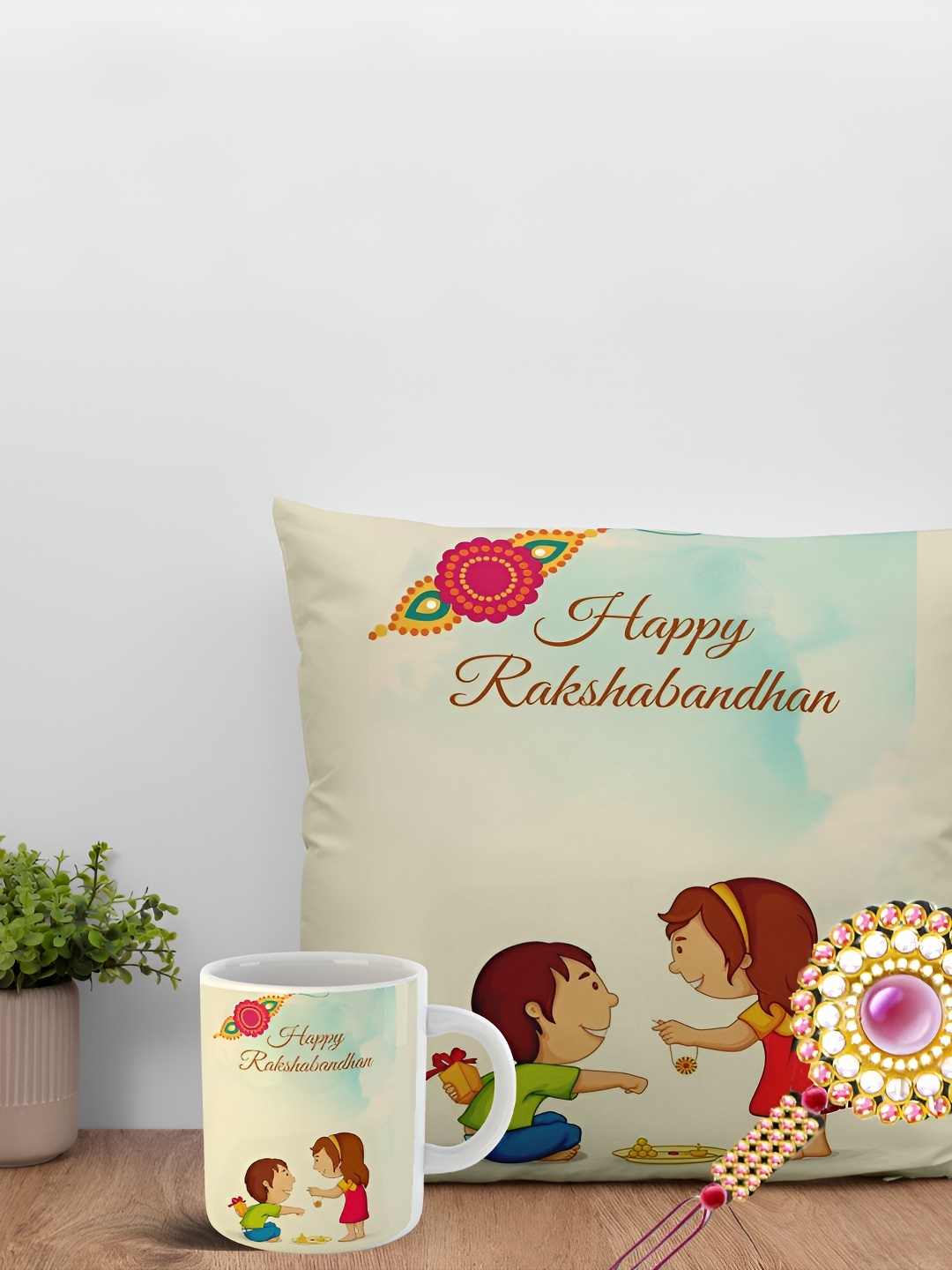 

ARTBUG Set Of 3 Rakhi With Printed Mug & Cushion, Gold