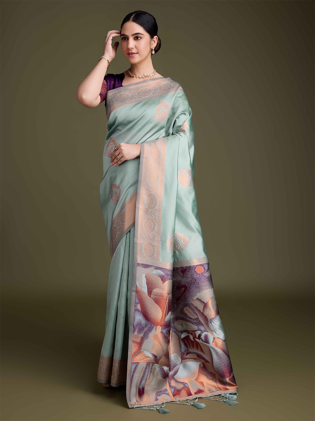 

KIMISHA Ethnic Motifs Zari Silk Woven Blend Saree, Green