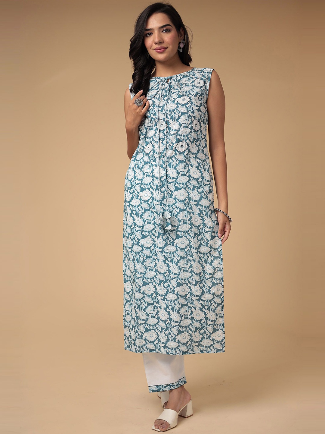 

ZARI Printed Floral Printed Mirror Work Pure Cotton Unstitched Dress Material, Blue