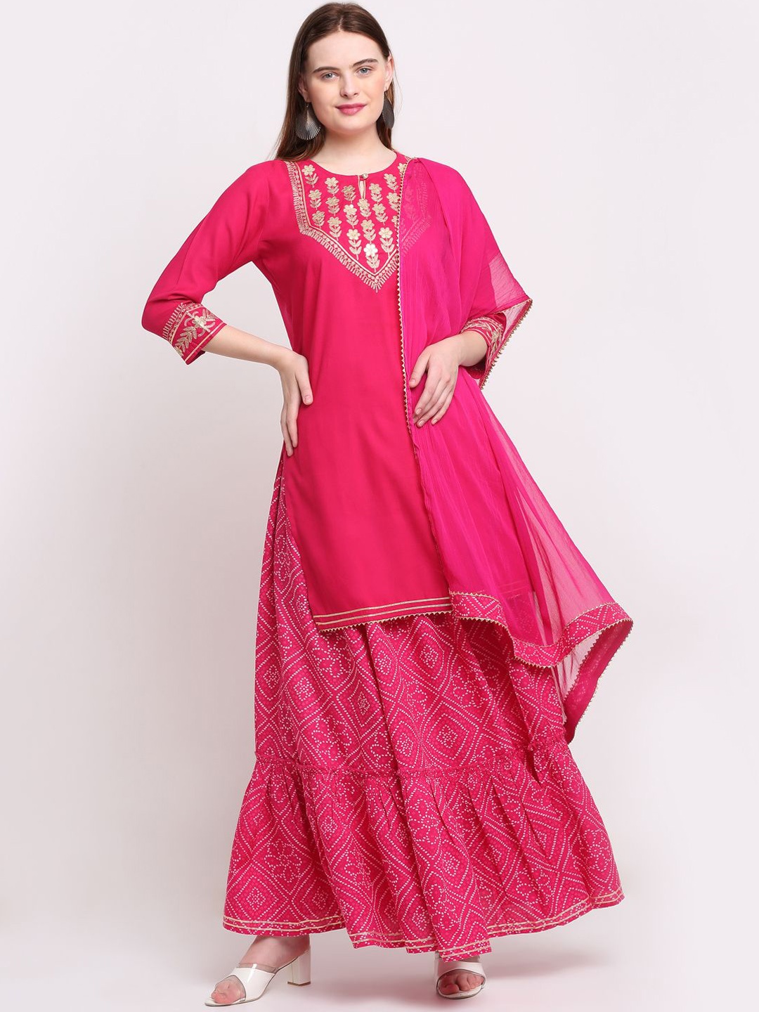 

KALINI Floral Yoke Design Keyhole Neck Gotta Patti Kurta With Sharara & Dupatta, Pink