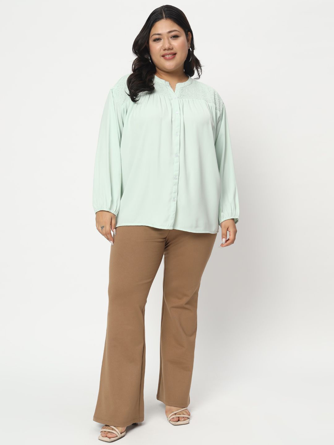 

HERE&NOW Women Solid Mandarin Collar Top, Sea green