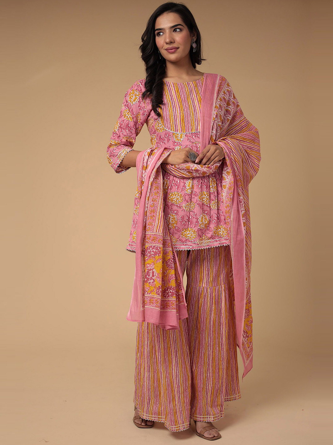 

ZARI Floral Printed Gotta Patti Pure Cotton Unstitched Dress Material, Pink