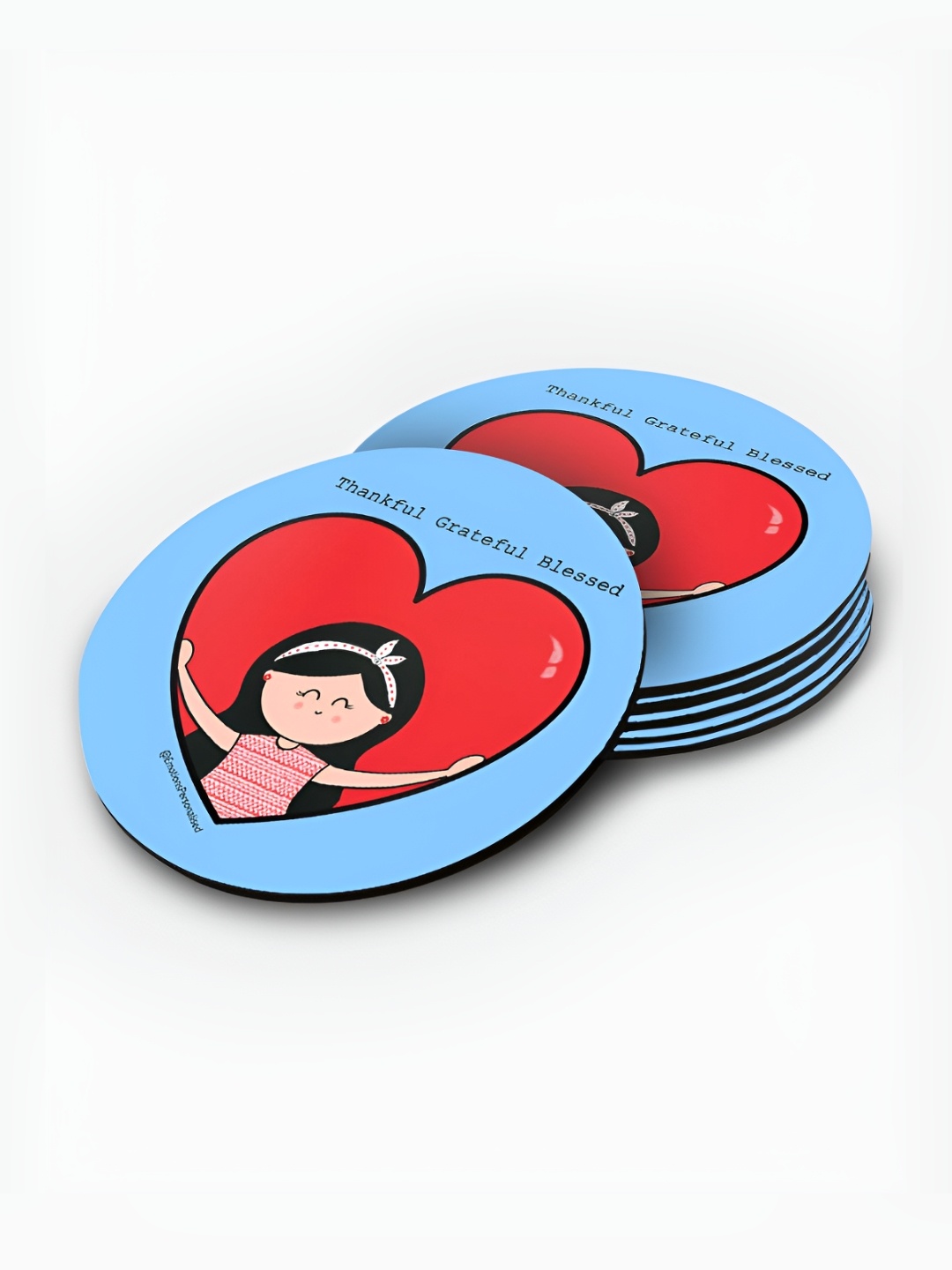 macmerise Blue & Red 6 Pieces Printed Wooden Round Coasters