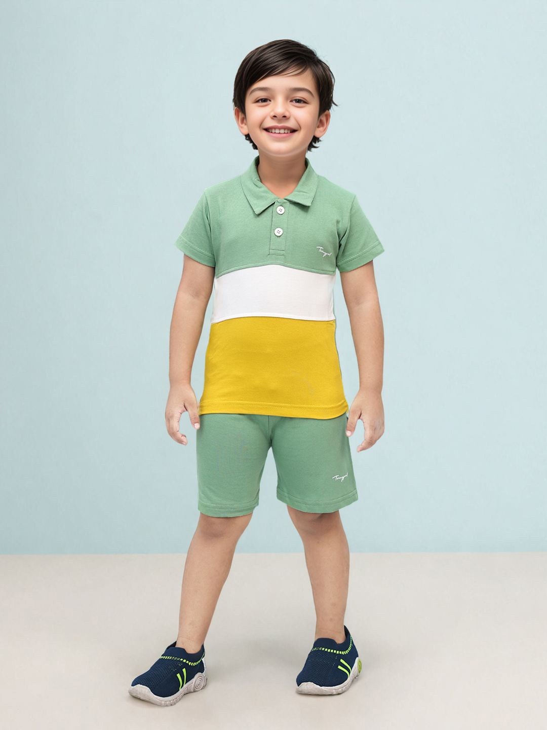 

Toonyport Boys Colourblocked Polo Collar Pure Cotton Shirt With Shorts, Green