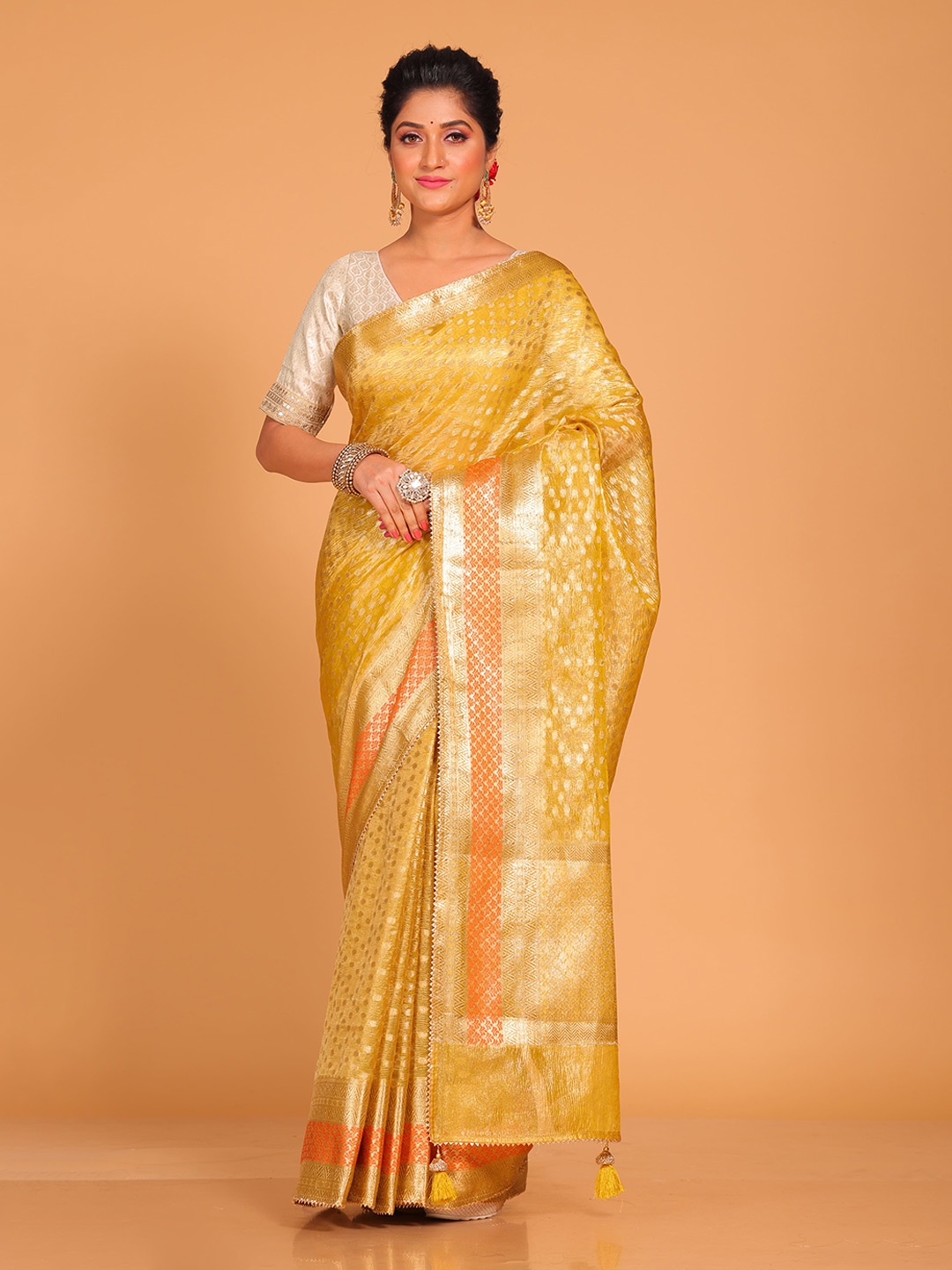 

Morchari Woven Design Zari Polka Dot Tissue Saree, Yellow
