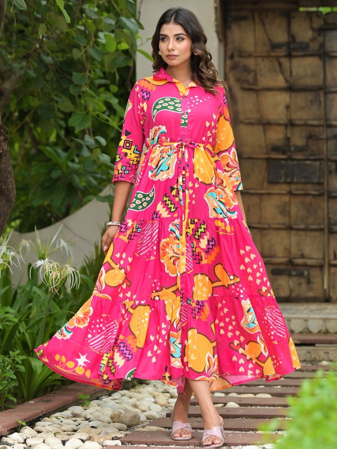 

Juniper Women Abstract Printed Shirt Collar Maxi Dress, Fuchsia