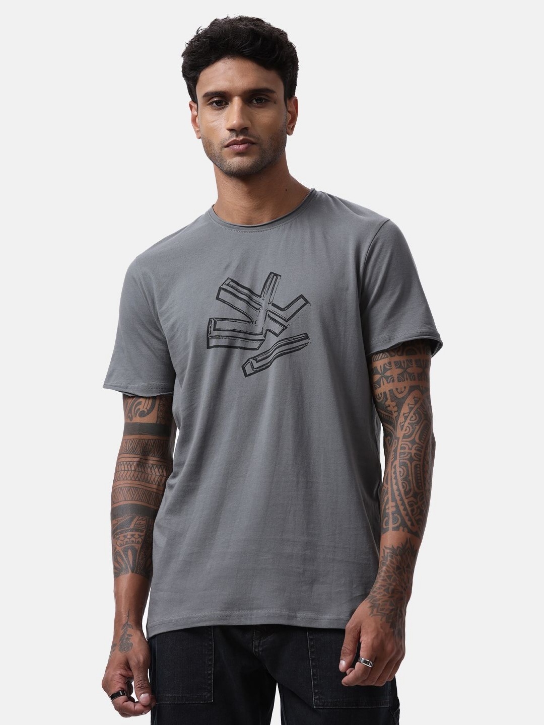 

WROGN Men Graphic Printed Round Neck Cotton T-shirt, Grey