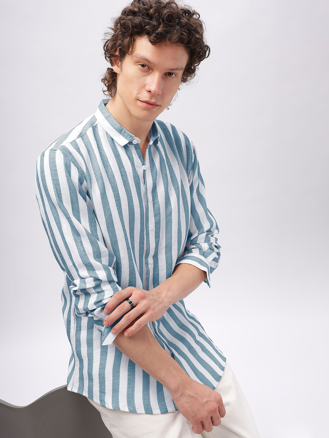 

HAMPTONS Cotton Linen Stripe Casual Shirt, Teal