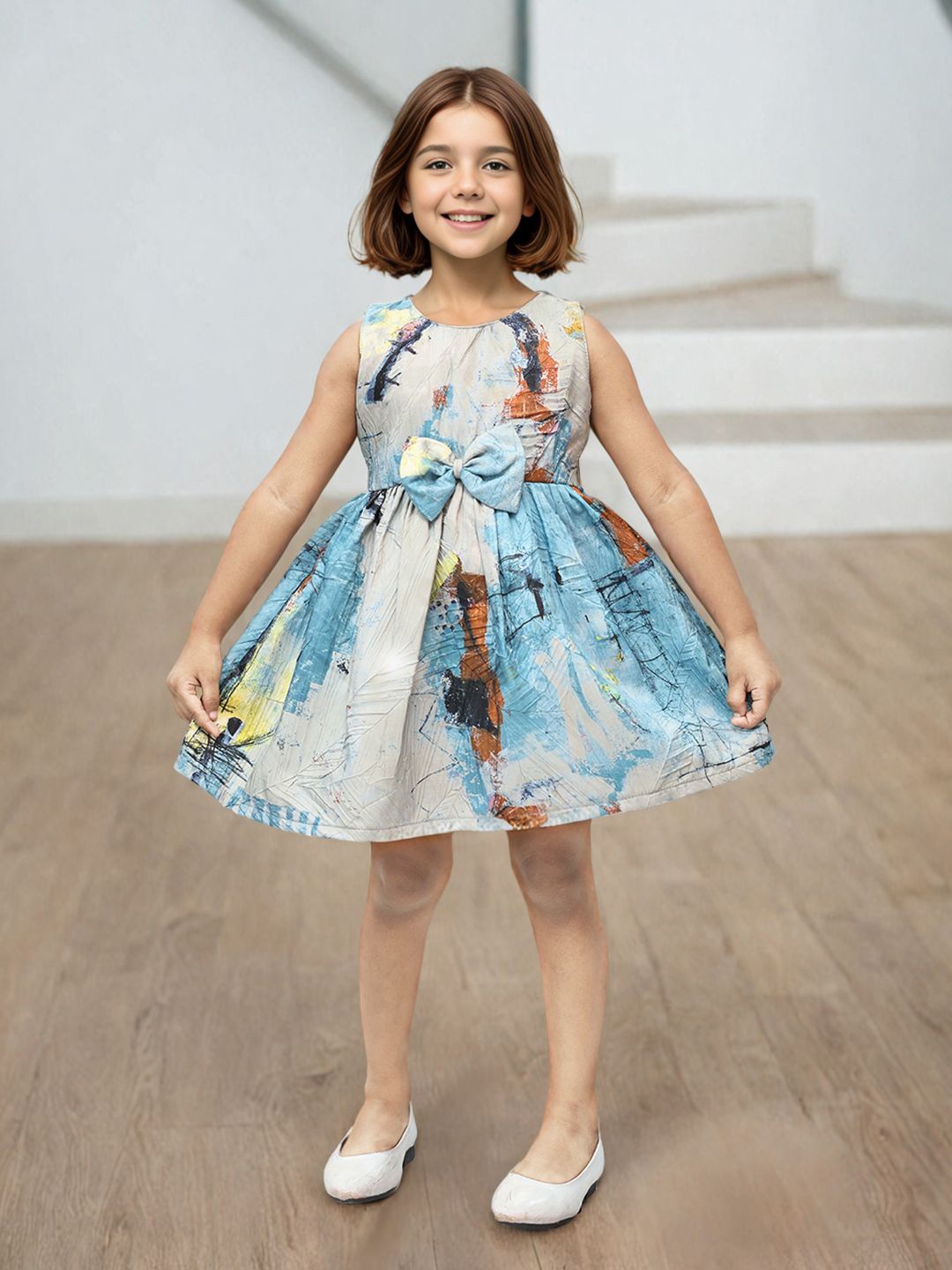 

Toonyport Girls Tie and Dye Printed Bow Cotton Fit & Flare Dress, Blue