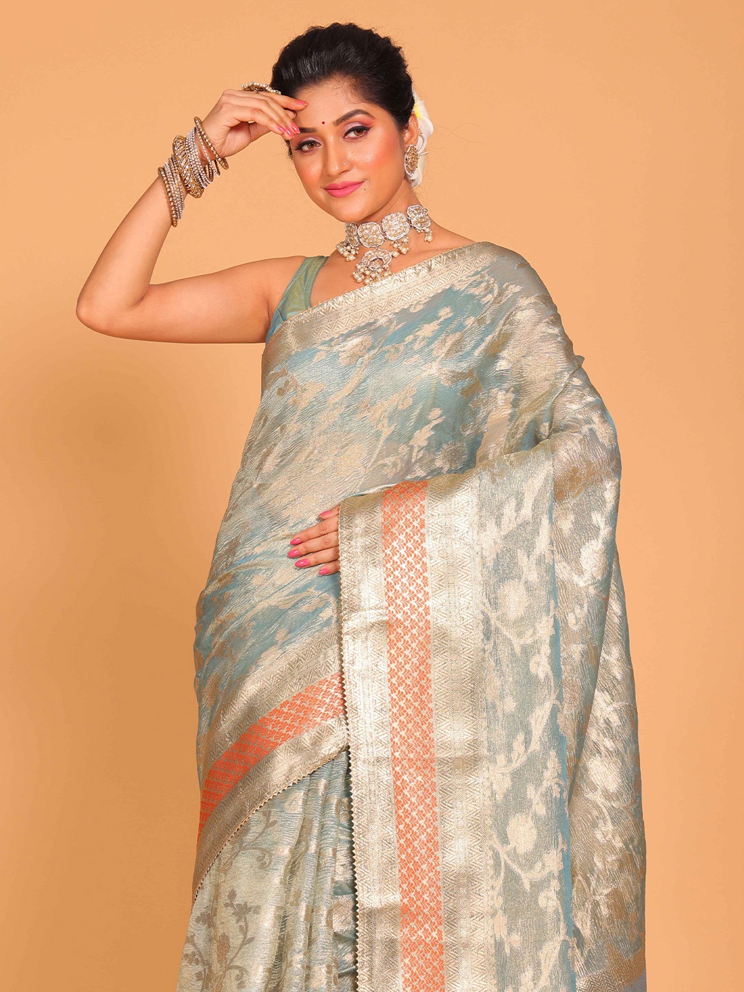 

Morchari Floral Zari Tissue Blue Saree