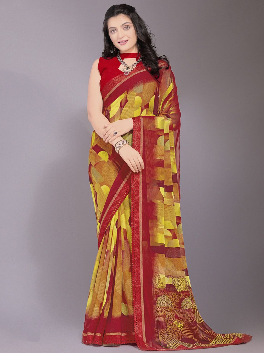 

KALINI geomatric Poly Chiffon Bagh Saree, Yellow