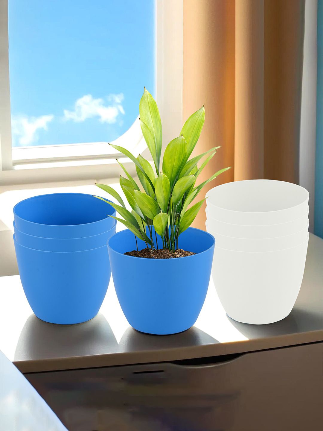 

Kuber Industries White & Blue 8 Pieces Lightweight Planters