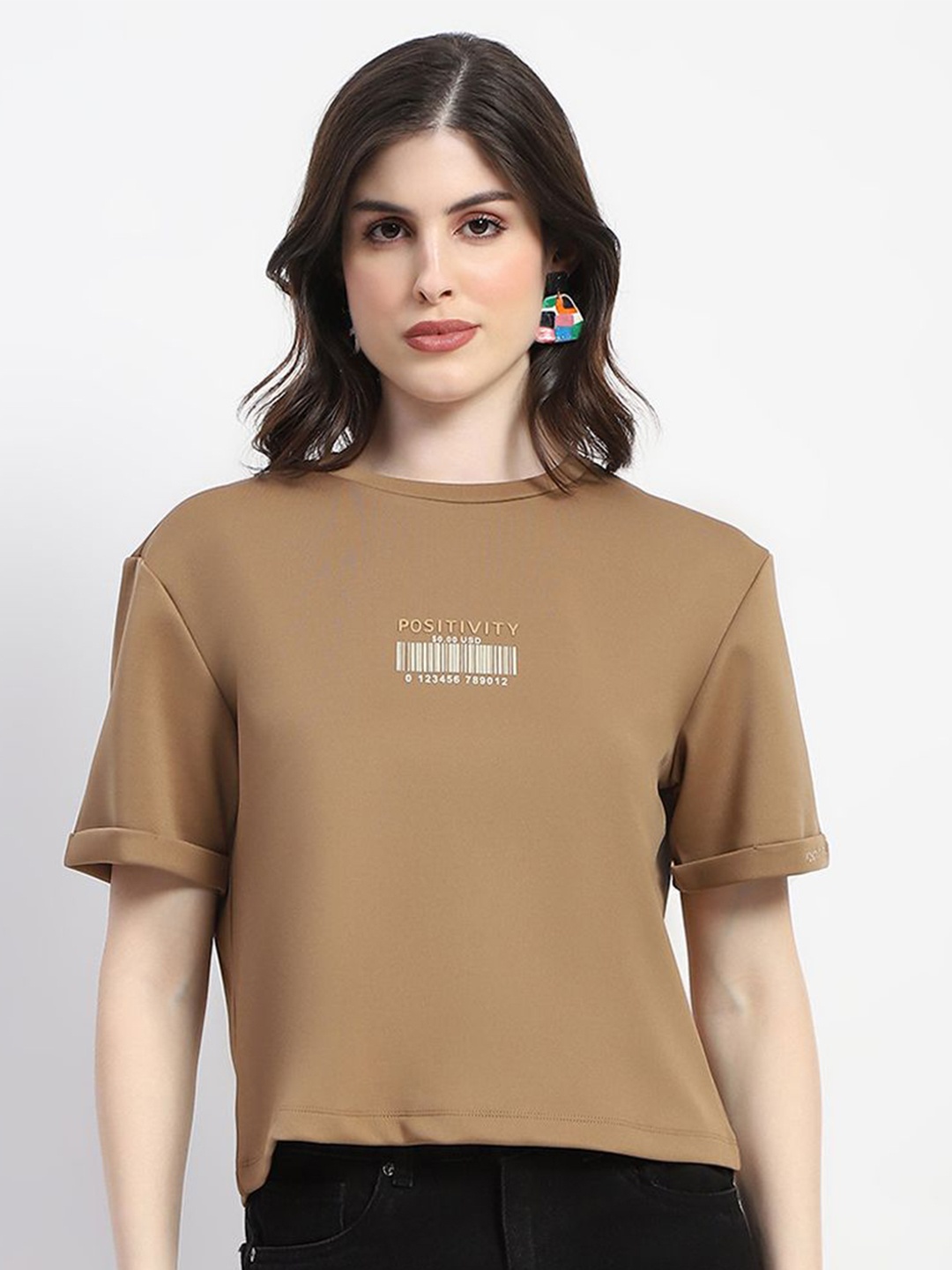 

Madame Women Solid Round Neck Top, Beige