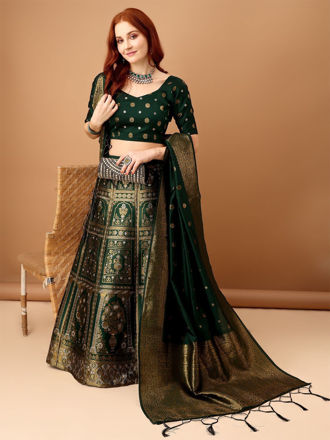 

KAZIA Woven Design Semi-Stitched Lehenga & Unstitched Blouse With Dupatta, Green