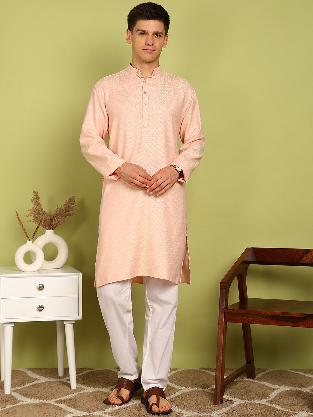 

FUBAR Geometric Woven Design Mandarin Collar Cotton Silk Straight Kurta With Pyjama, Orange