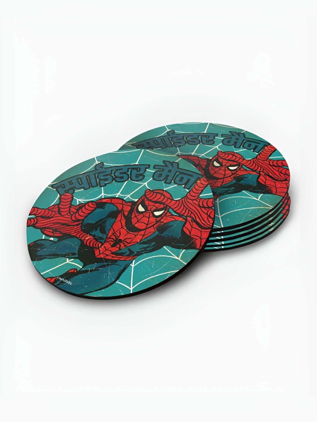 

macmerise Green & Red 6 Pieces Desi Comic Spiderman Printed Wooden Circular Coasters