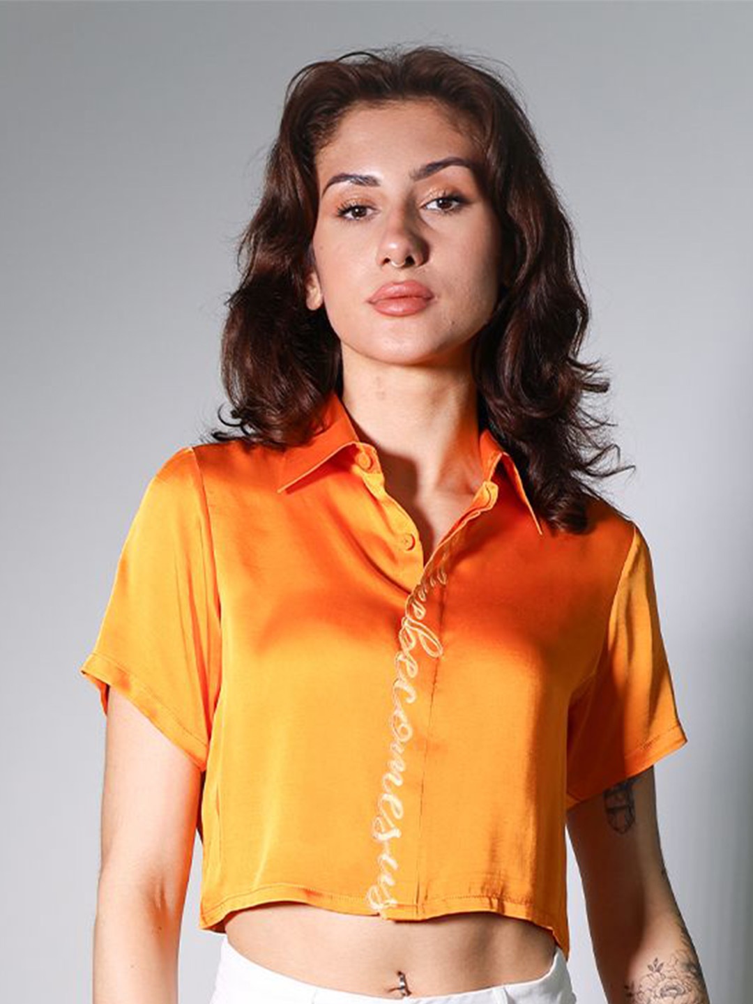 

Arya Giri Satin Shirt Style Crop Top, Orange