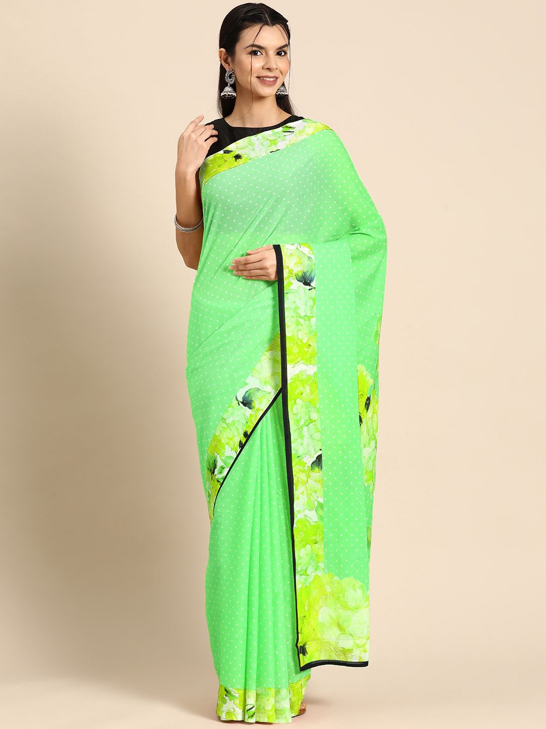 

BUTA BUTI Printed Polka Dot Pure Cotton Saree, Lime green