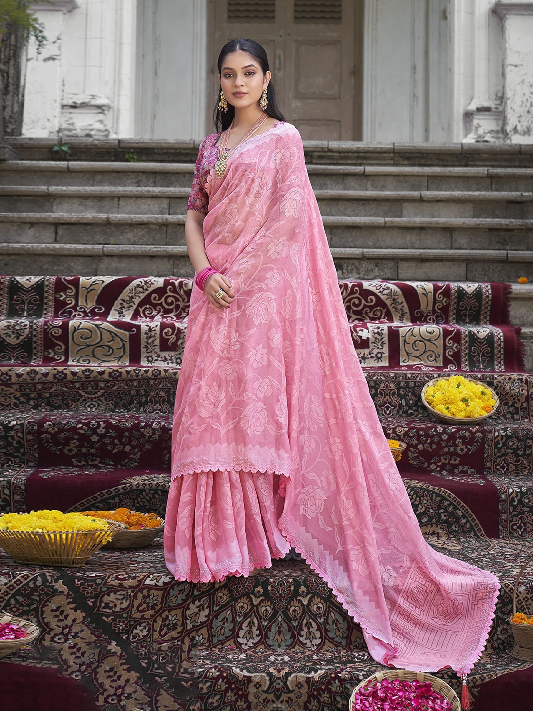 

NIRMAL CREATION Floral Beads and Stones Pure Silk Saree, Pink