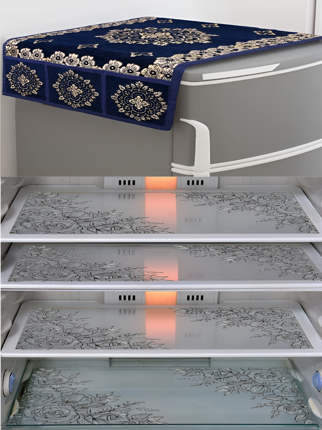 

Dakshya Industries Transparent & Blue & Grey Floral Printed Fridge Mats & Top Cover