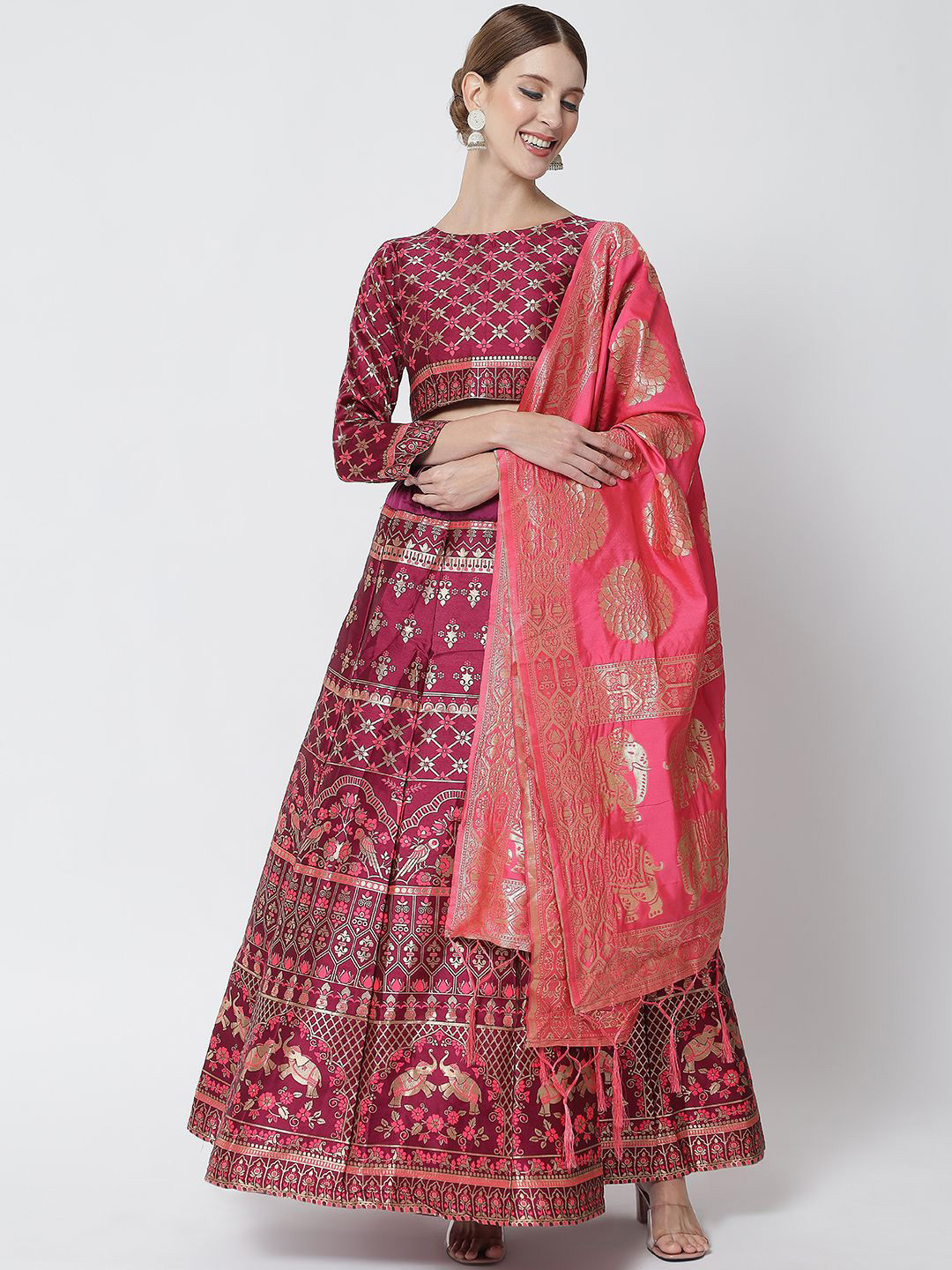 

KAZIA Floral Woven Design Semi-Stitched Lehenga & Unstitched Blouse With Dupatta, Magenta