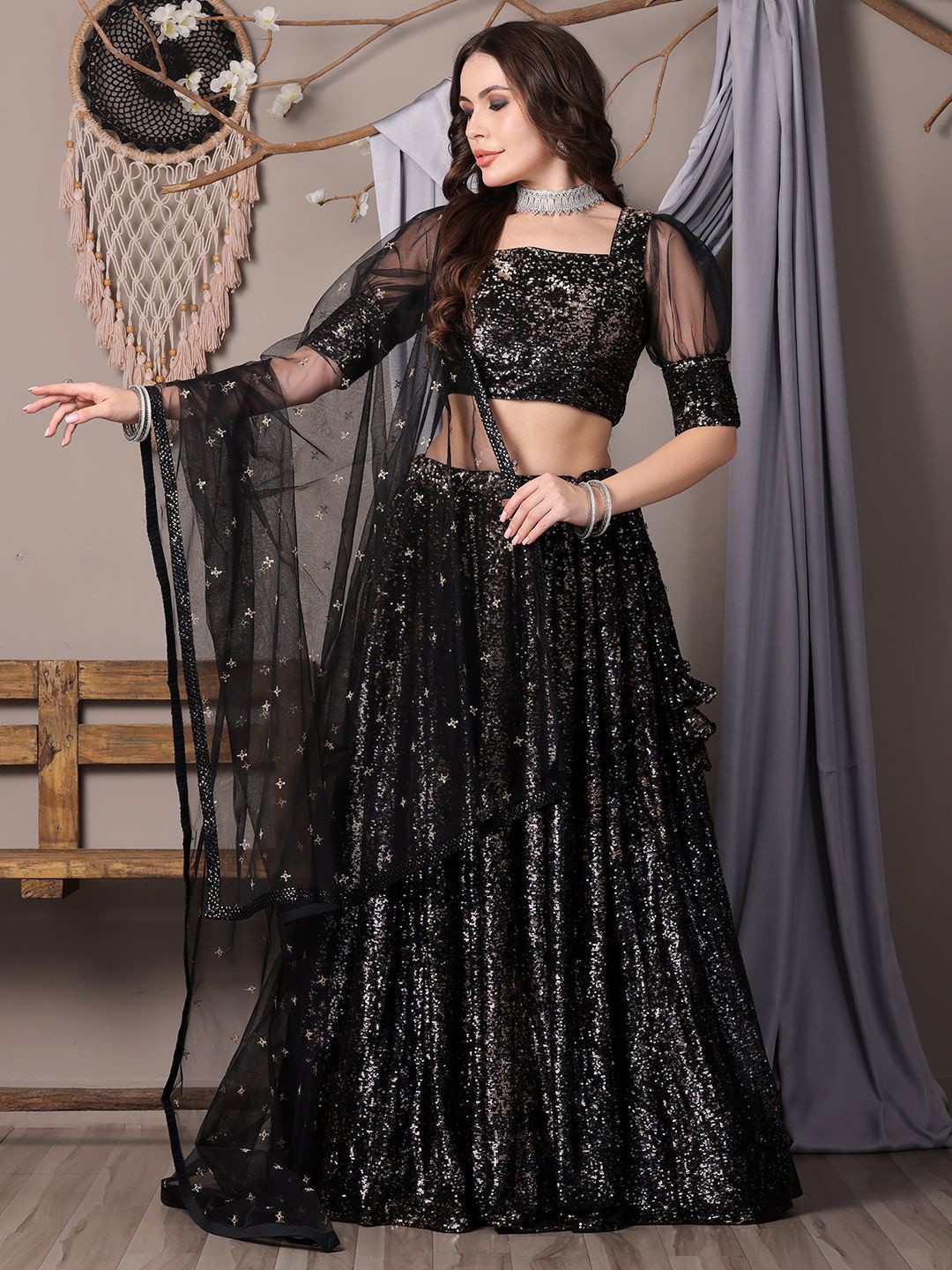 

Ethnovog Embellished Ready to Wear Lehenga & Blouse With Dupatta, Black