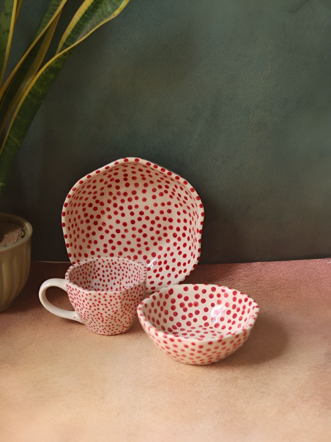 

WEAVING HOMES Red & White 3 Pieces Printed Ceramic Dinner Set