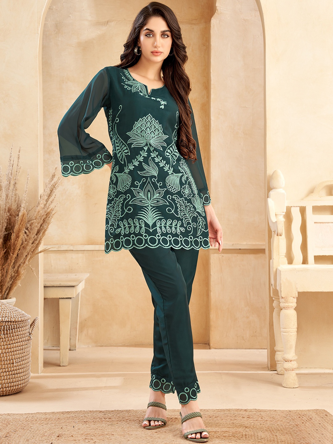 

Navvi Embroidered Ethnic Motifs Flared Sleeves Casual Tunic With Trousers, Green