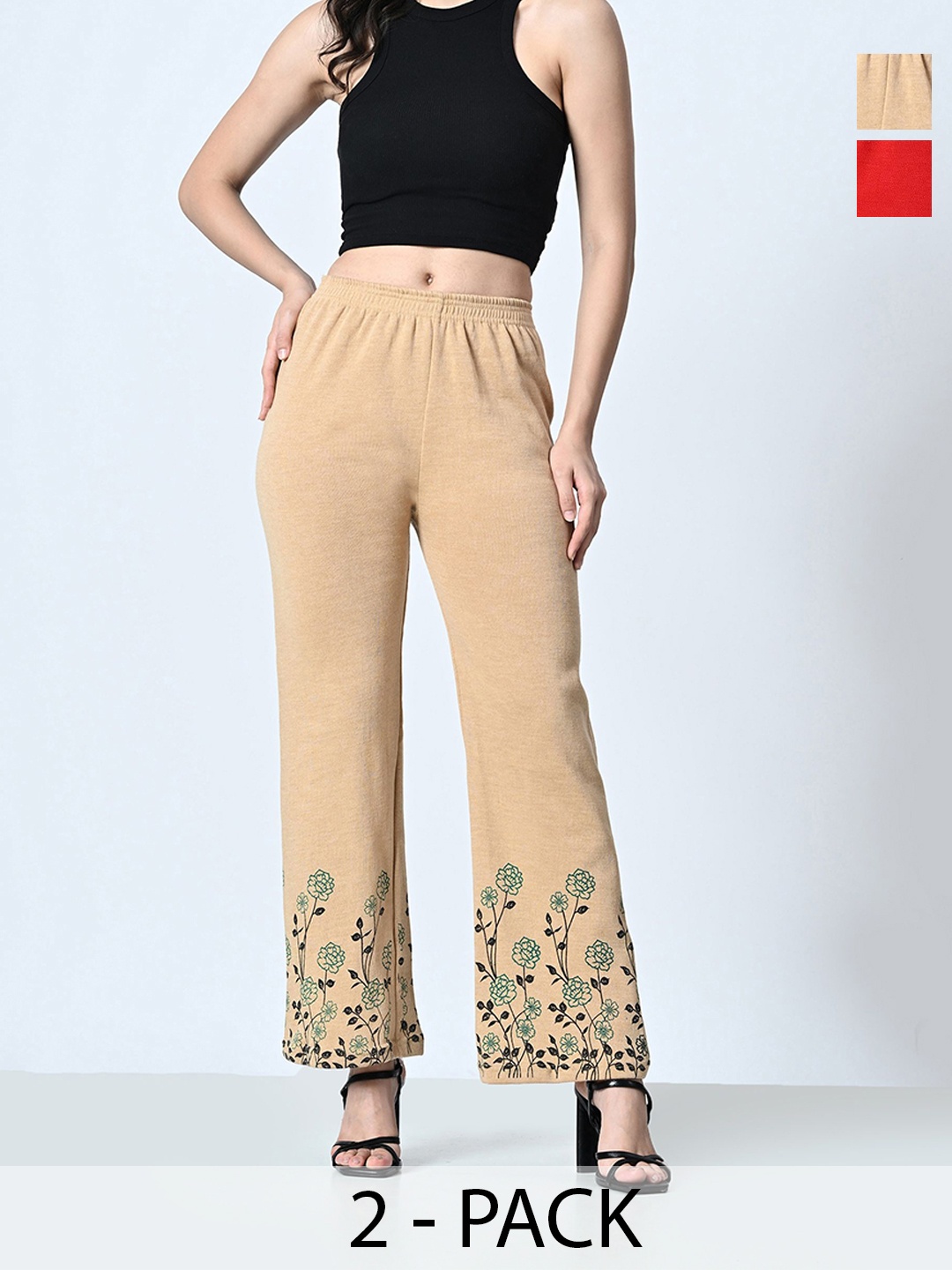 

BAESD Pack Of 2 Women Floral Printed Knitted Palazzos, Beige