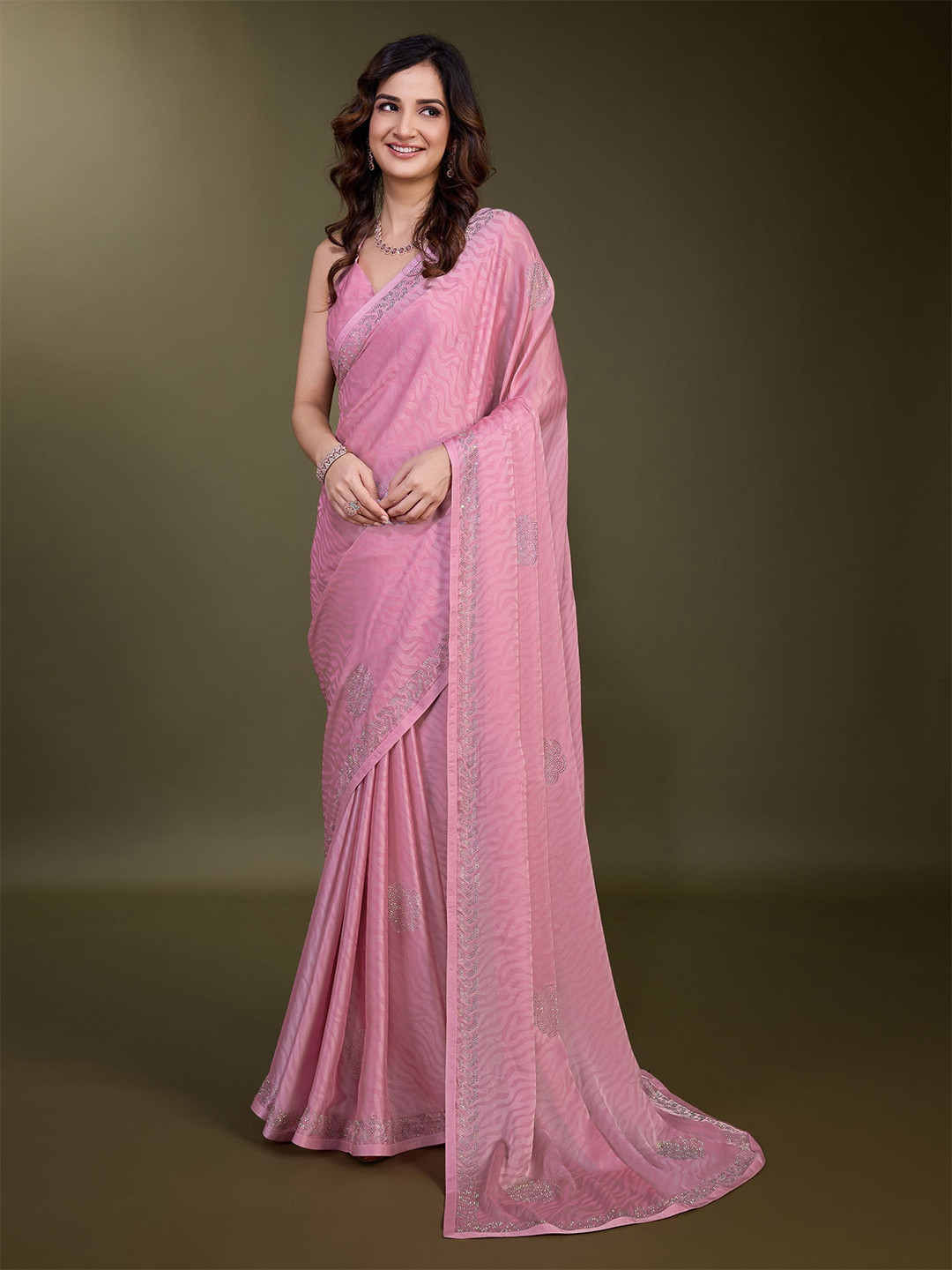 

Trendmalls Leheriya Pure Chiffon Heavy Work Saree, Pink