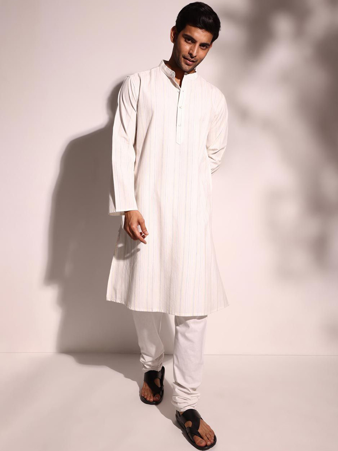 

Fabindia Striped Mandarin Collar Kantha Work Cotton Straight Kurta, White