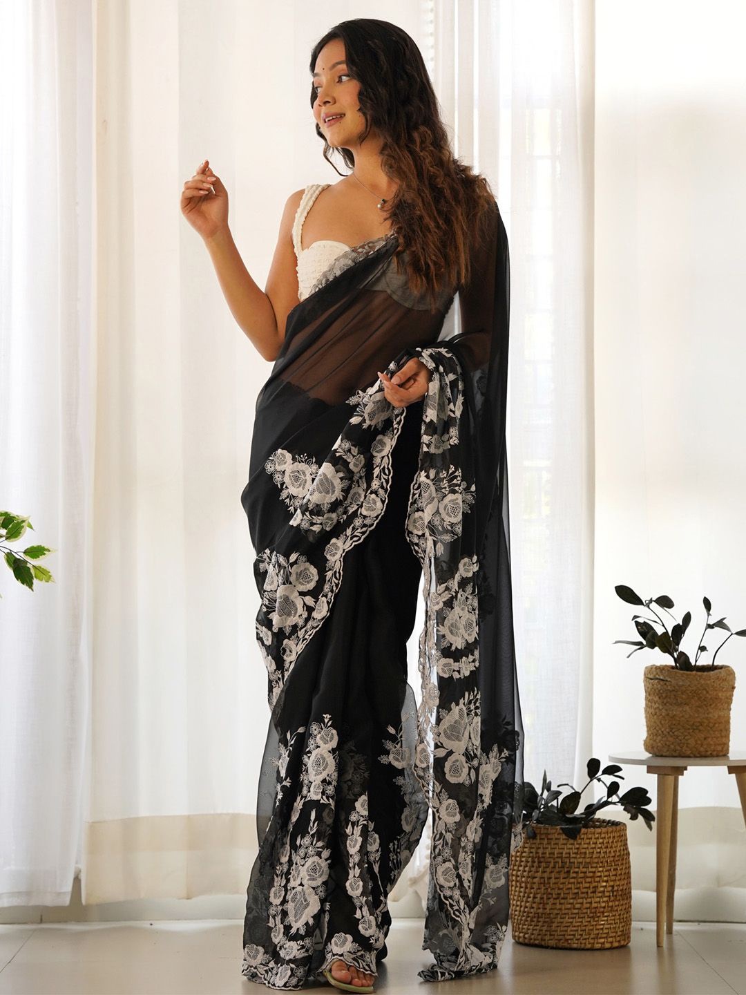 

Saree mall Embroidered Organza Sarees, Black