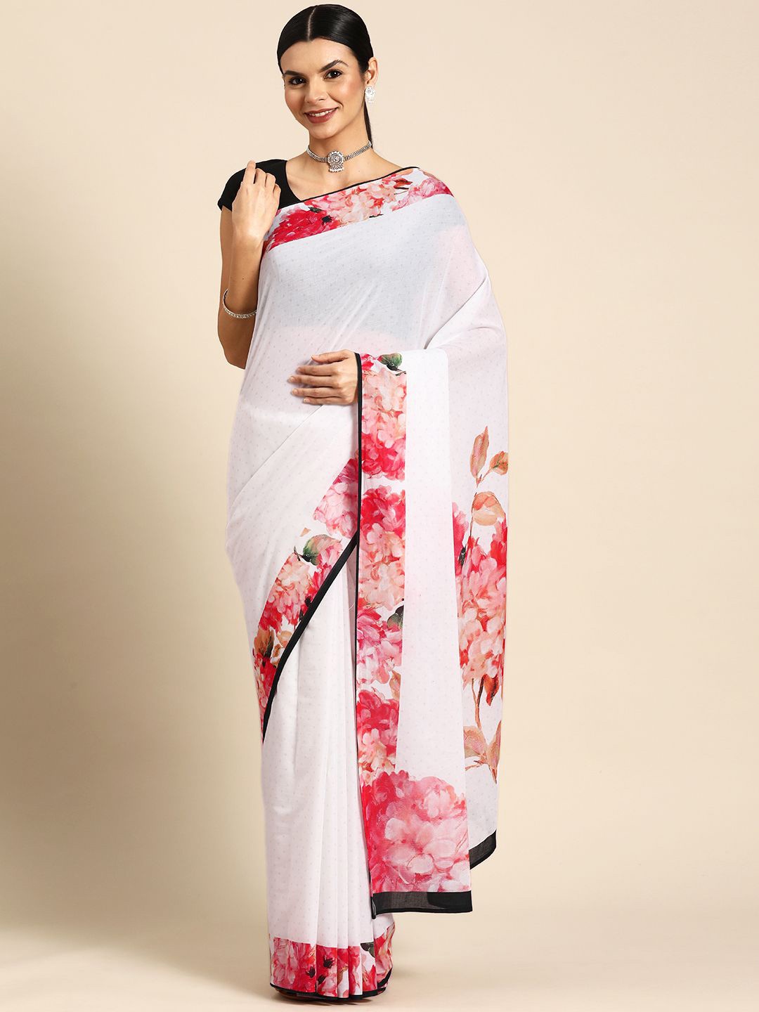 

BUTA BUTI Solid Pure Cotton Polka Dots Saree, Red