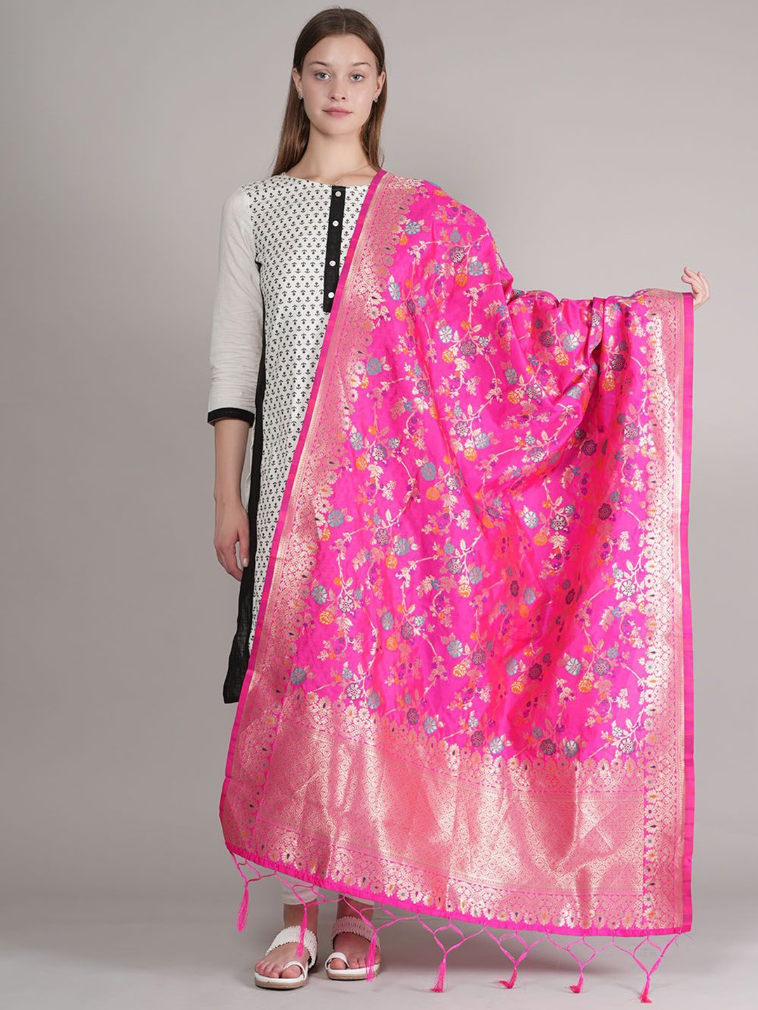 

MUFFLY Floral Woven Design Dupatta With Zari, Pink