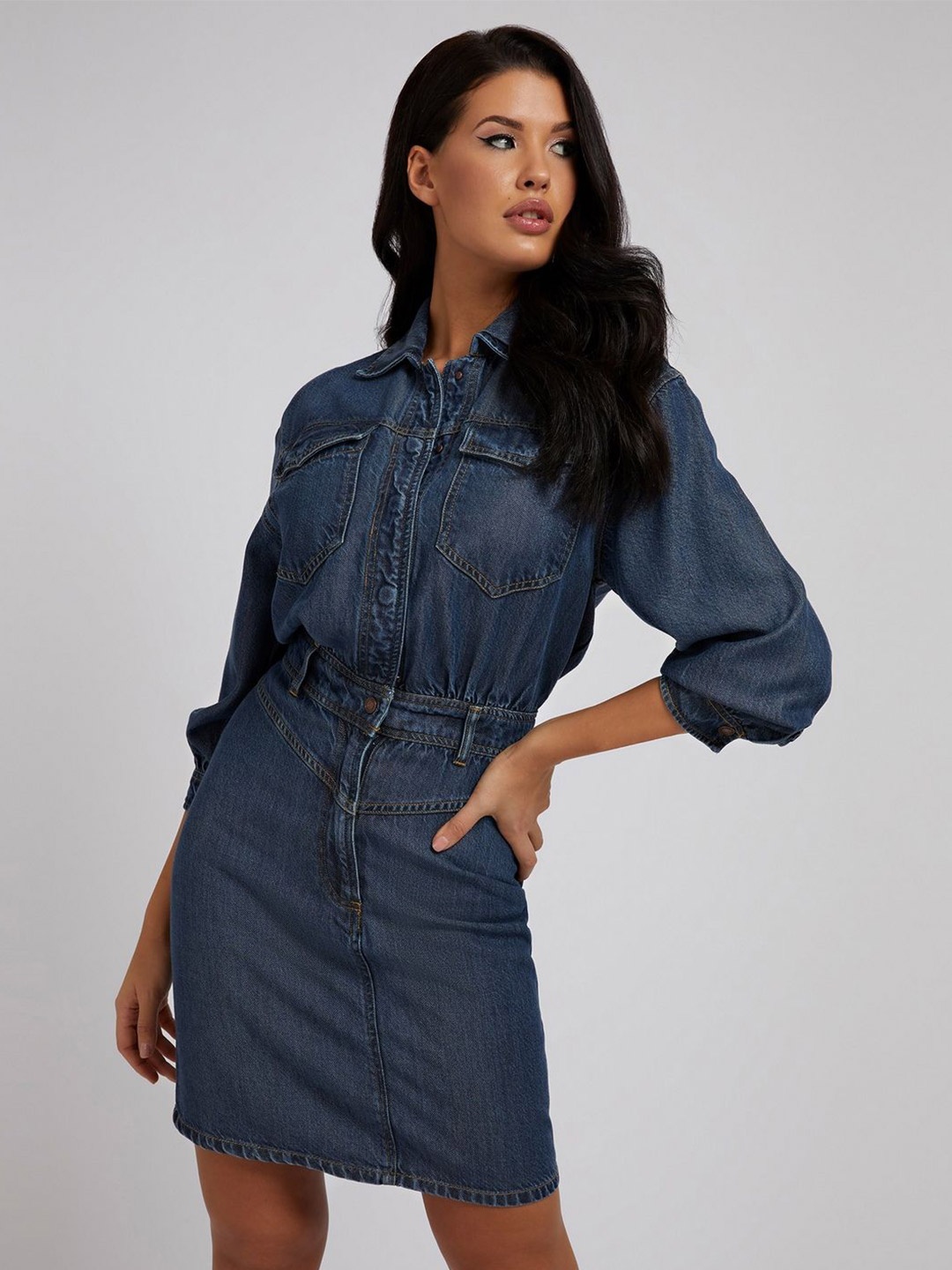 

GUESS Solid Front Flap Pocked Detail Shirt Dress, Blue