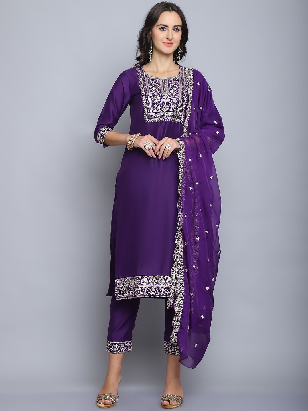 

KALINI Ethnic Motifs Embroidered Thread Work Pure Silk Straight Kurta Trousers & Dupatta, Purple