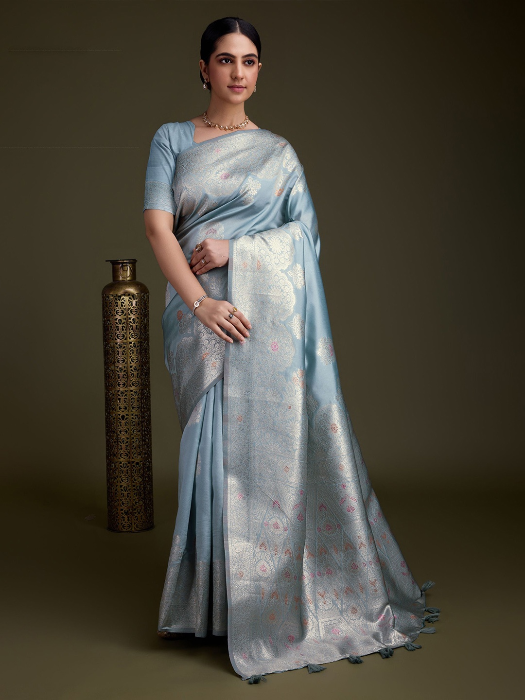 

KIMISHA Ethnic Motifs Zari Silk Blend Banarasi Saree, Blue