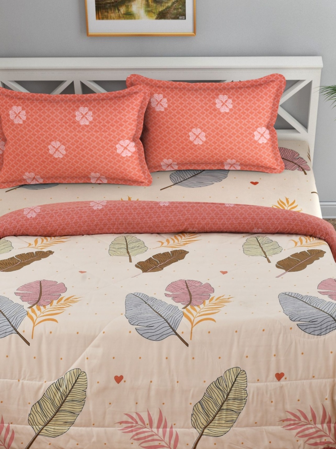 

Florida Off White & Peach-Coloured Floral Cotton 4 Pieces Double King Fine Bedding Set