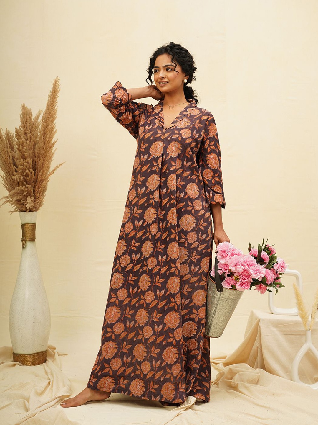 

THE SAFFRON SAGA Floral Print Maxi Dress, Brown