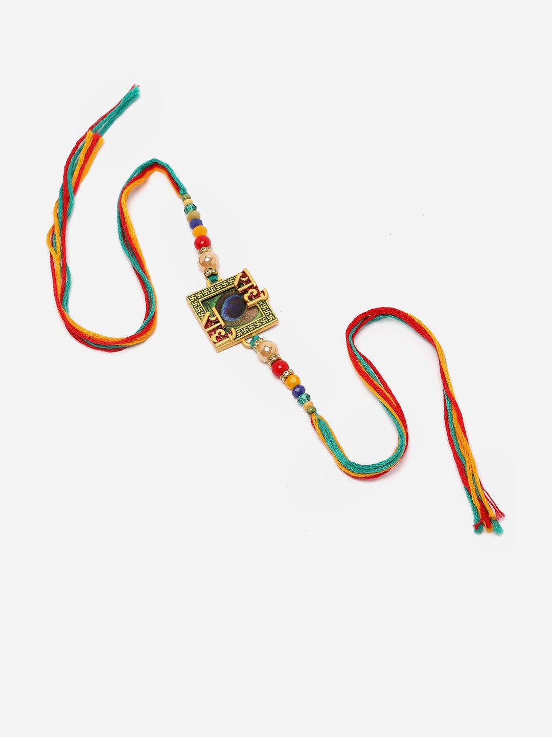 

Anouk Radhe Radhe Stone Studded & Beaded Thread Rakhi With Roli Chawal, Gold