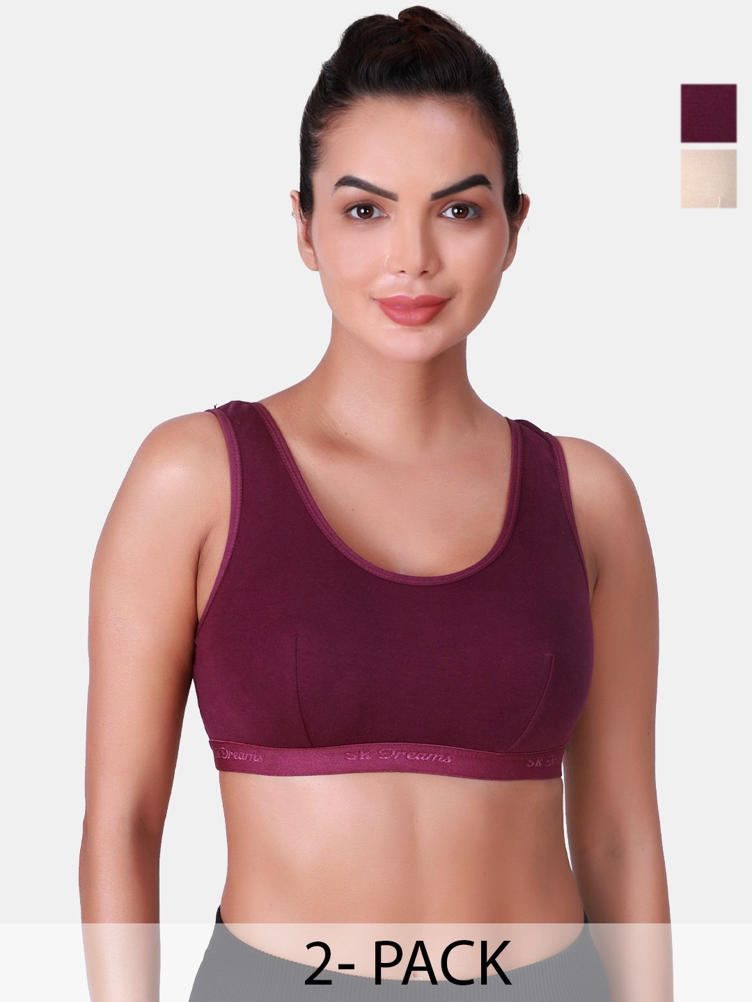 

SKDREAMS Pack Of 2 Full Coverage Cut and Sew Cotton Non Padded Sports Bra, Beige