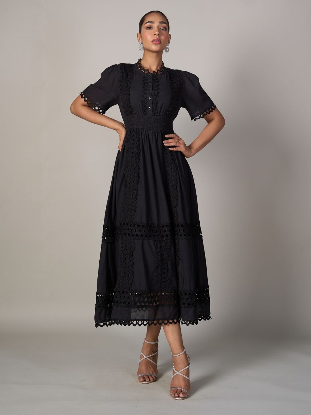 

Style Island Embroidered Schiffli Tiered Cotton Fit & Flare Midi Dress, Black