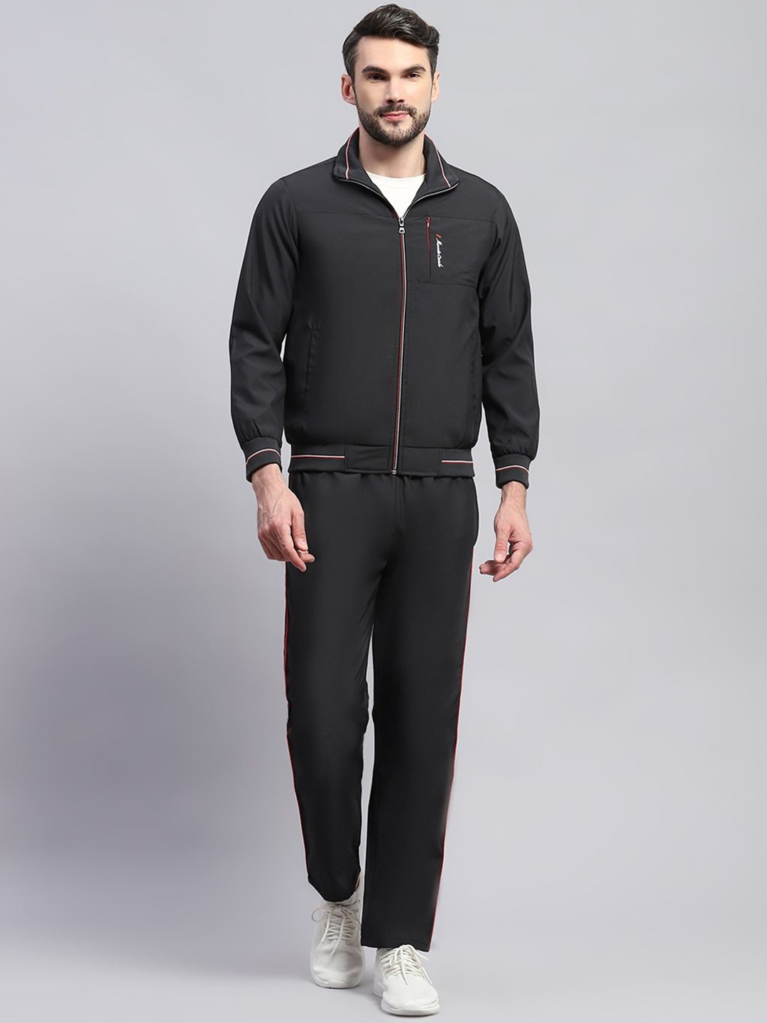 

Monte Carlo Solid Men Band Collar Full Sleeves Tracksuits, Black