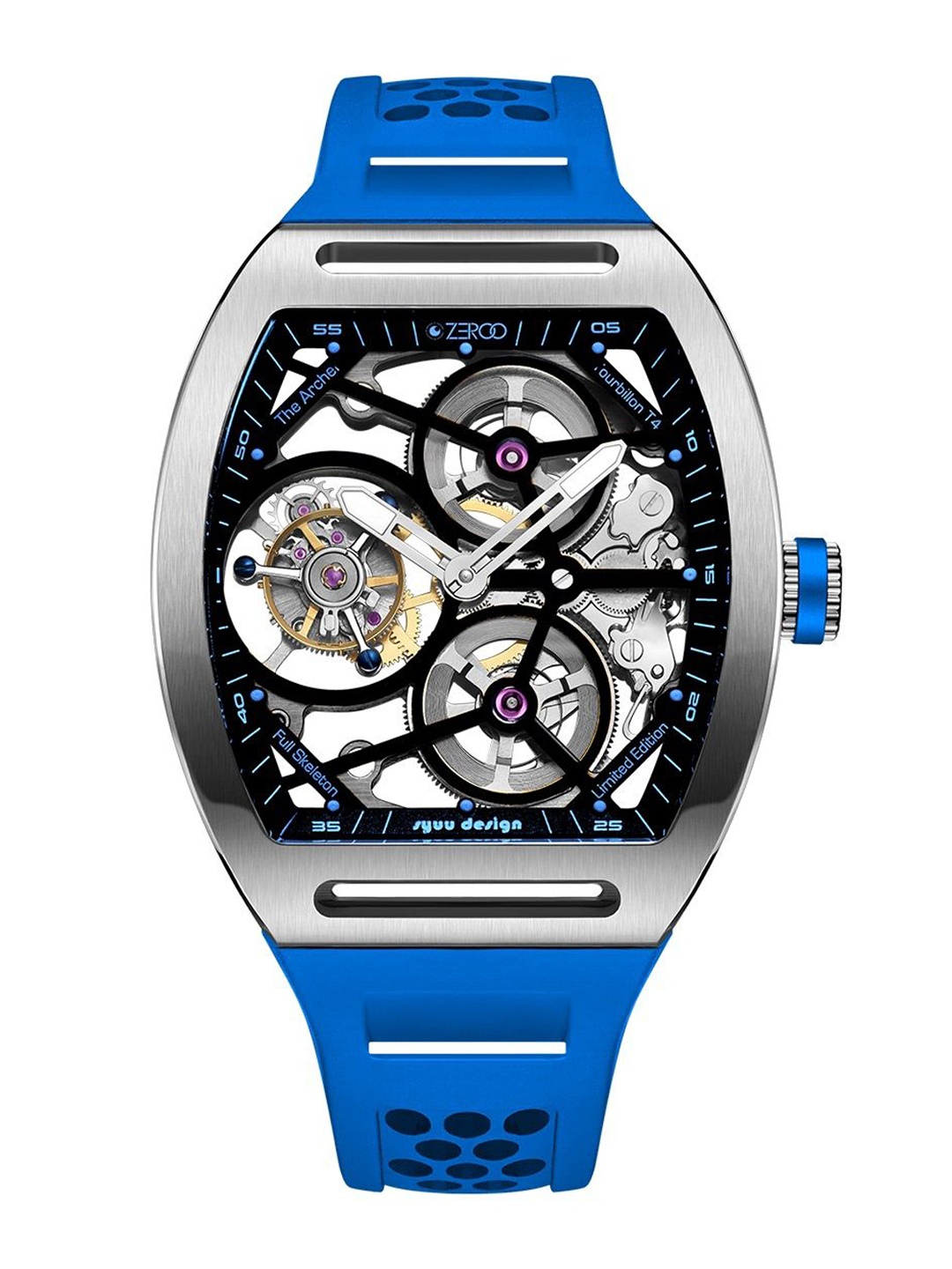 

ZEROO Unisex Skeleton Dial & Leather Straps Analogue Watch ZT004SLB, Blue