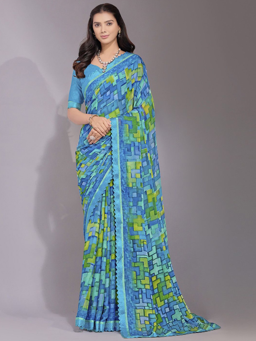 

KALINI Poly Chiffon Bagh Saree, Blue