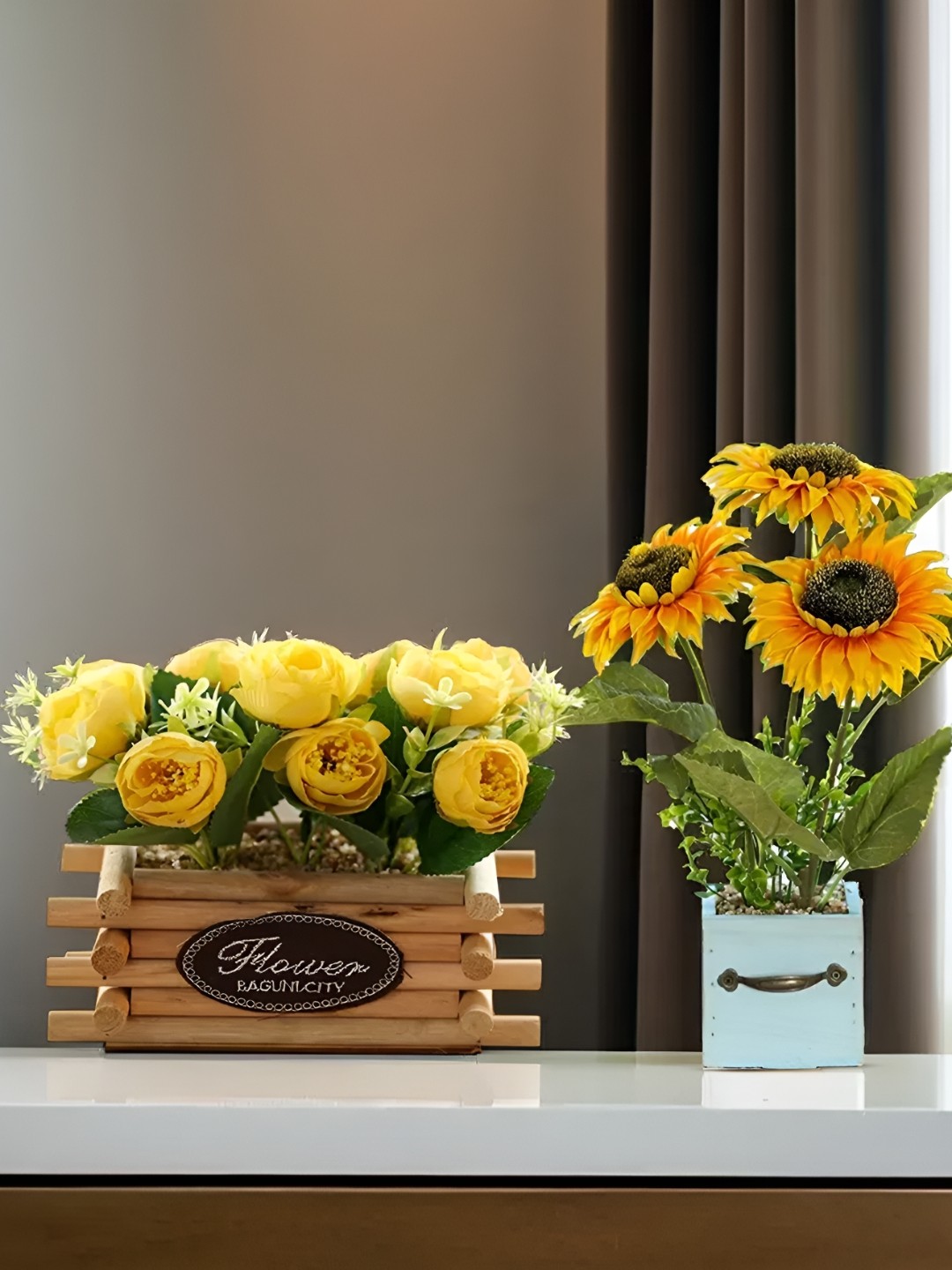 

The Better Home Yellow & Green 2 Pieces Artificial Flowers With Pot