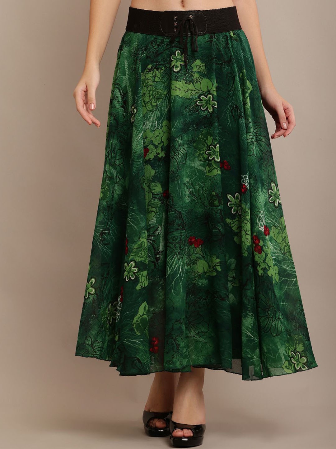 

Raabta Fashion Women's Georgette Printed Flared Maxi Skirt, Green