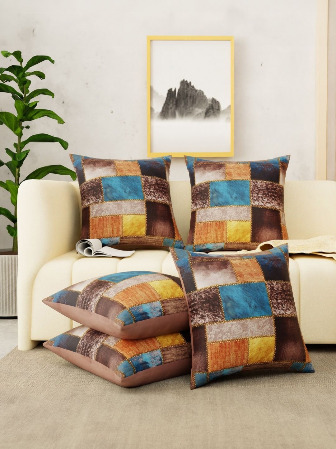 

Tesmare Brown & Yellow Set of 5 Geometric Velvet Square Cushion Covers