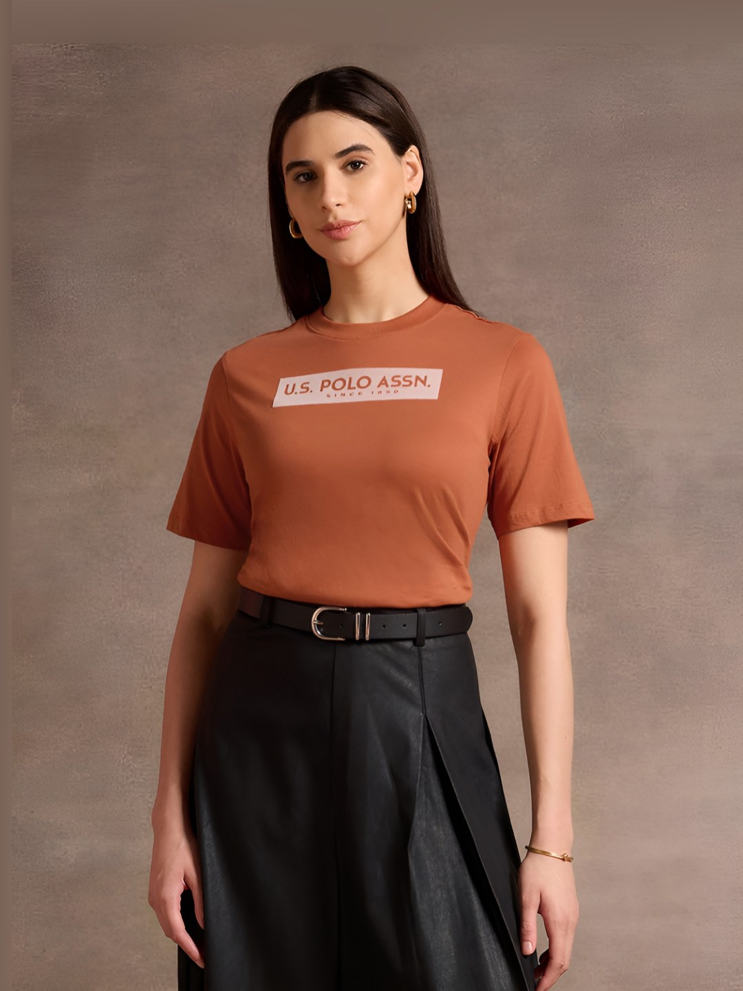 

U.S. Polo Assn. Women Typography Printed Pure Cotton T-shirt, Brown